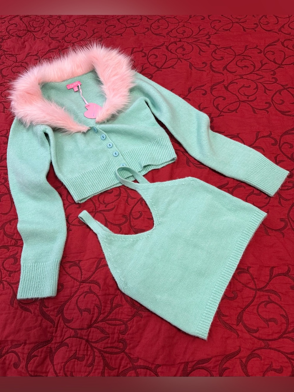 Sugar Thrillz Mint Cropped Cardigan & Tank Set with Pink Faux-Fur Collar
